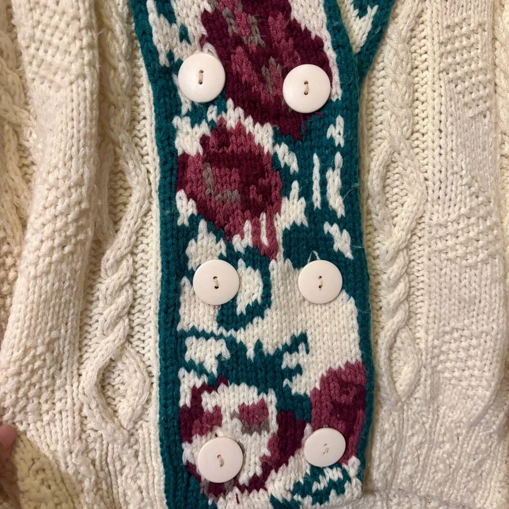 Vintage Lady Foot Locker Knitted Cream Floral Sweater Cable Knit Cardigan LARGE - Picture 4 of 10